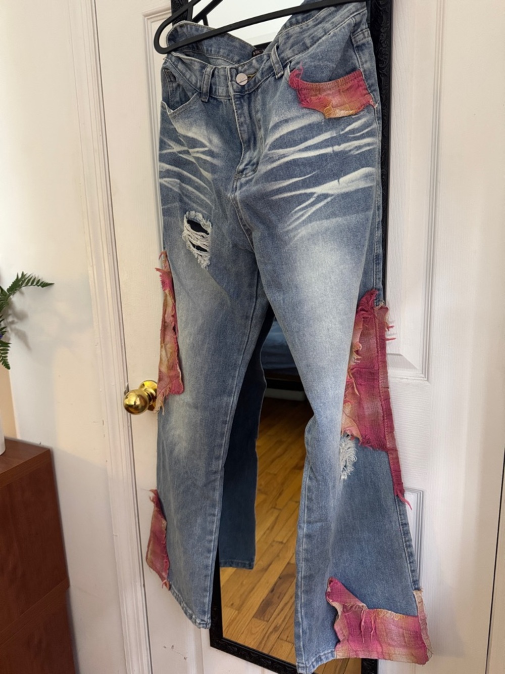 Trendy Distressed Patchwork Jeans Pink Wide Leg Y2K - Picture 7 of 9
